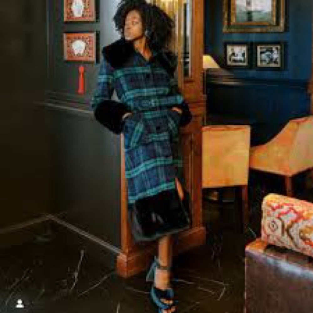 Antonio Melani X Nicola Bathie Avery Wool Plaid Print Long Cuffed Faux Fur Coat.
